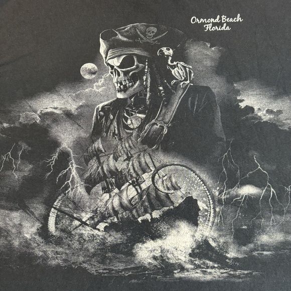 Ormond Beach FL Pirate Skull T Shirt Men’s XL Black Double Sided Graphic Tee - Picture 2 of 7